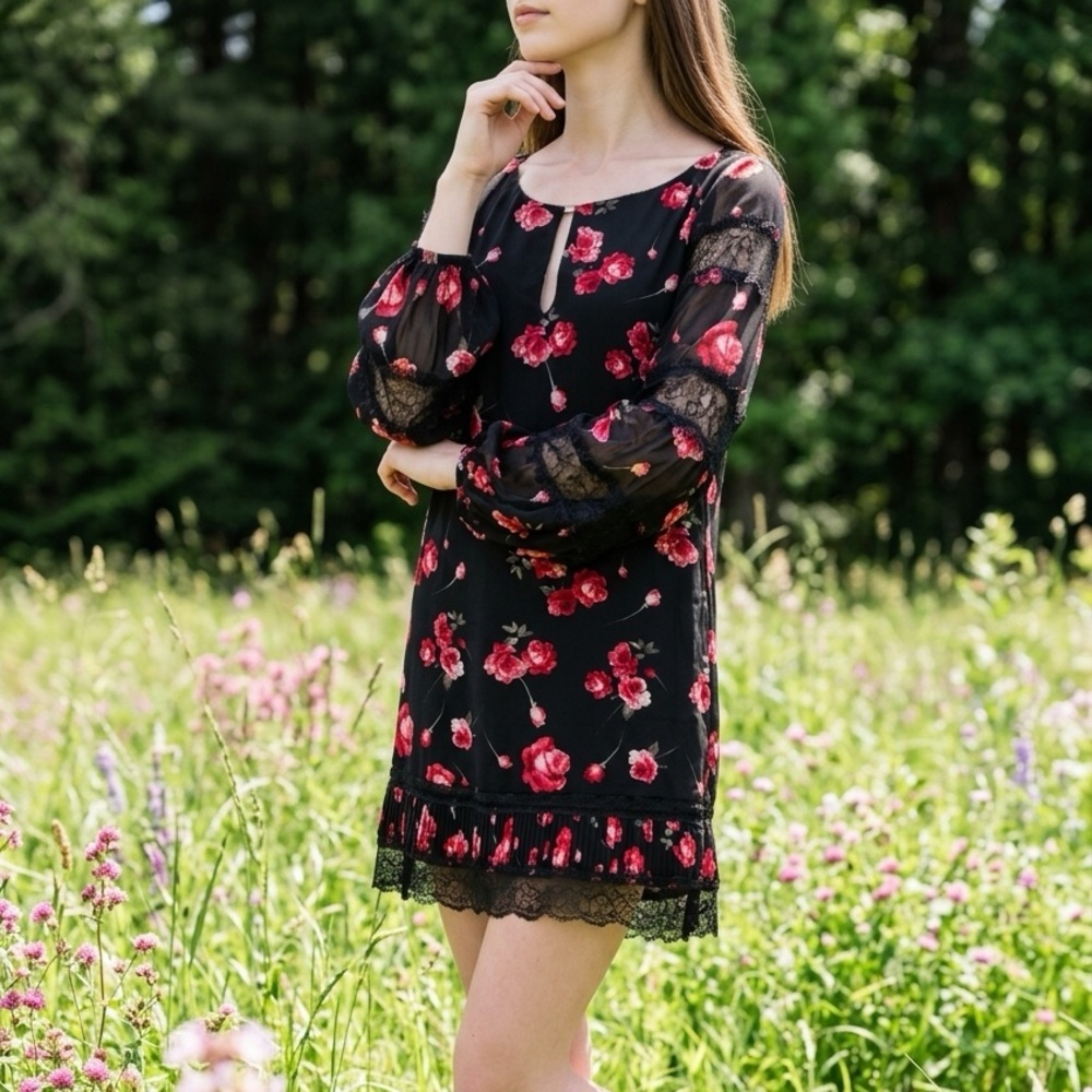 White House Black Market Floral Lace Trim Peasant Dress